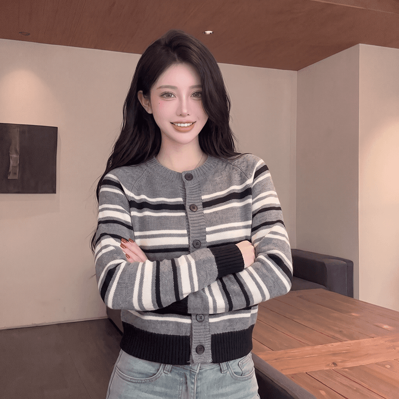 실사 아름다움 라드. 배색 스트라이프 니트 오픈 가디건 외부 가져 가라. 여성 가을 겨울 한 부서 스웨터