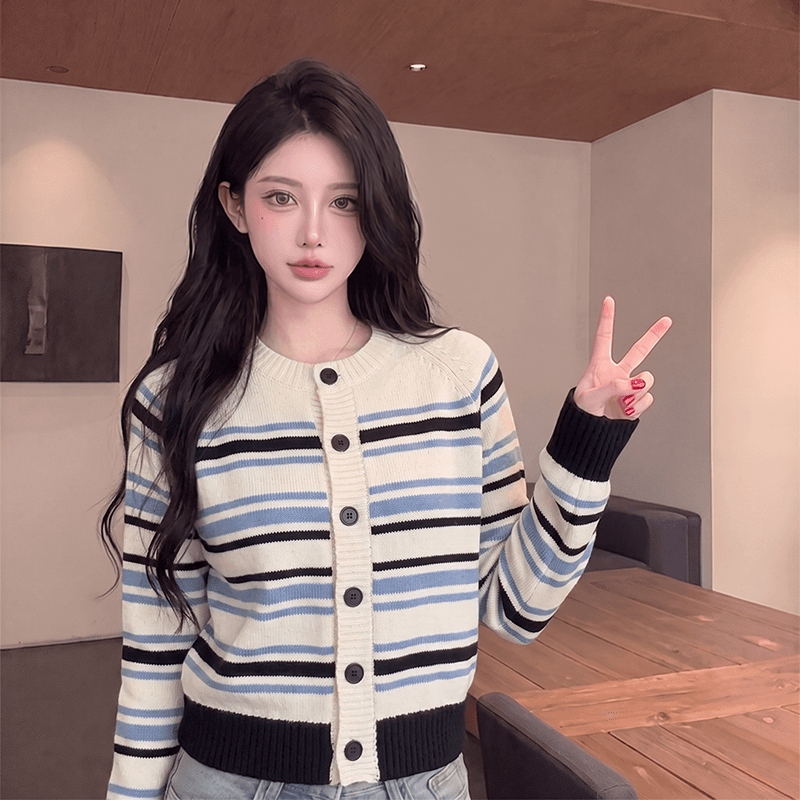 실사 아름다움 라드. 배색 스트라이프 니트 오픈 가디건 외부 가져 가라. 여성 가을 겨울 한 부서 스웨터 상세 이미지 4