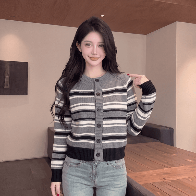 실사 아름다움 라드. 배색 스트라이프 니트 오픈 가디건 외부 가져 가라. 여성 가을 겨울 한 부서 스웨터 상세 이미지 7