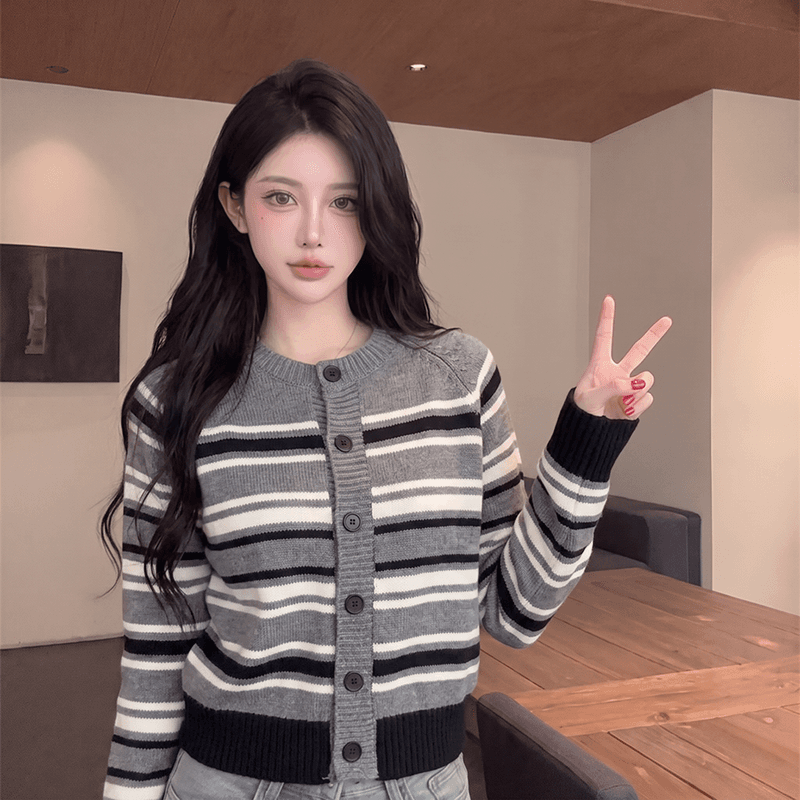 실사 아름다움 라드. 배색 스트라이프 니트 오픈 가디건 외부 가져 가라. 여성 가을 겨울 한 부서 스웨터 상세 이미지 8