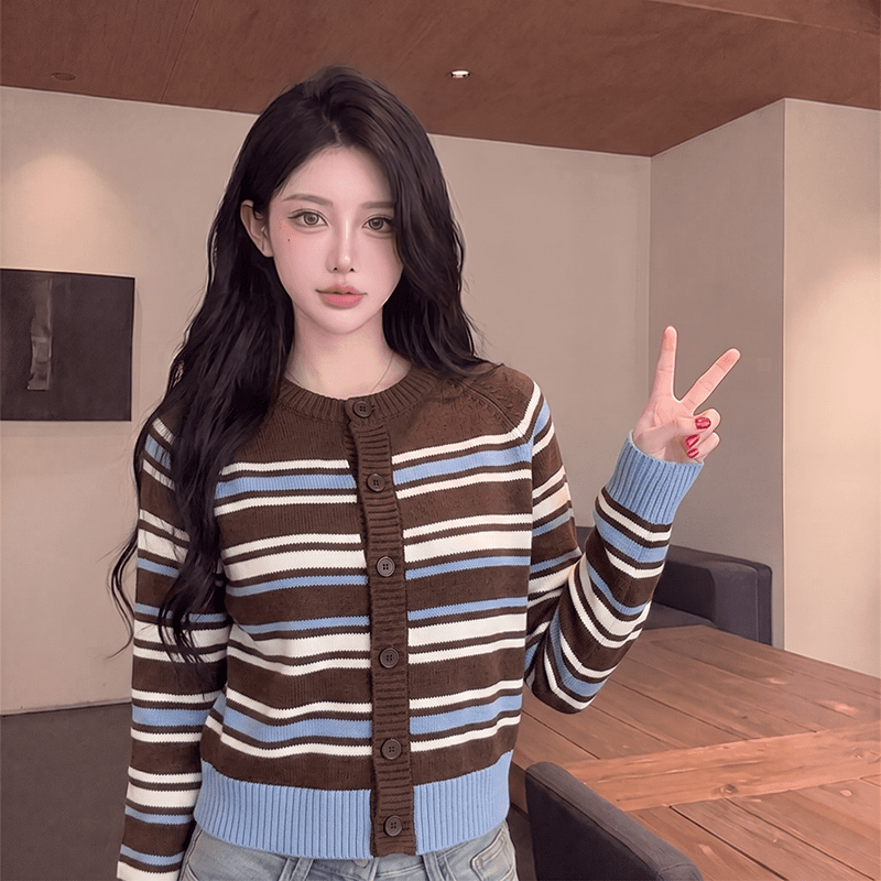 실사 아름다움 라드. 배색 스트라이프 니트 오픈 가디건 외부 가져 가라. 여성 가을 겨울 한 부서 스웨터 상세 이미지 9