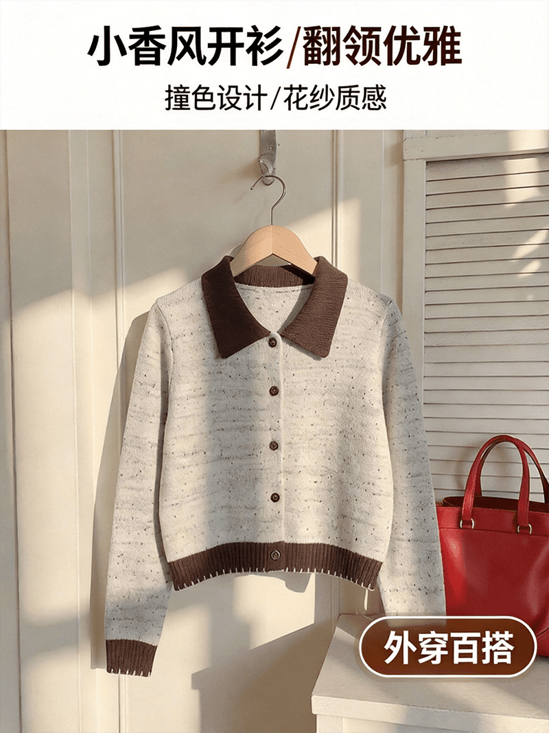 실사 살구 색상 폴로 칼라 스웨터 코트 가을 새로운 디자인 센스 배색 니트 오픈 가디건 이미지 4