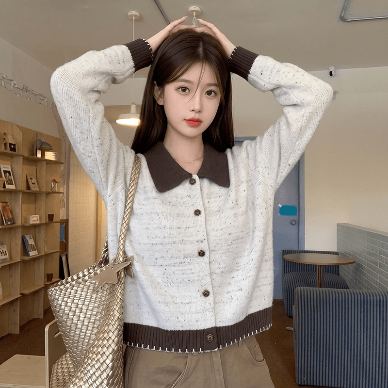 실사 살구 색상 폴로 칼라 스웨터 코트 가을 새로운 디자인 센스 배색 니트 오픈 가디건