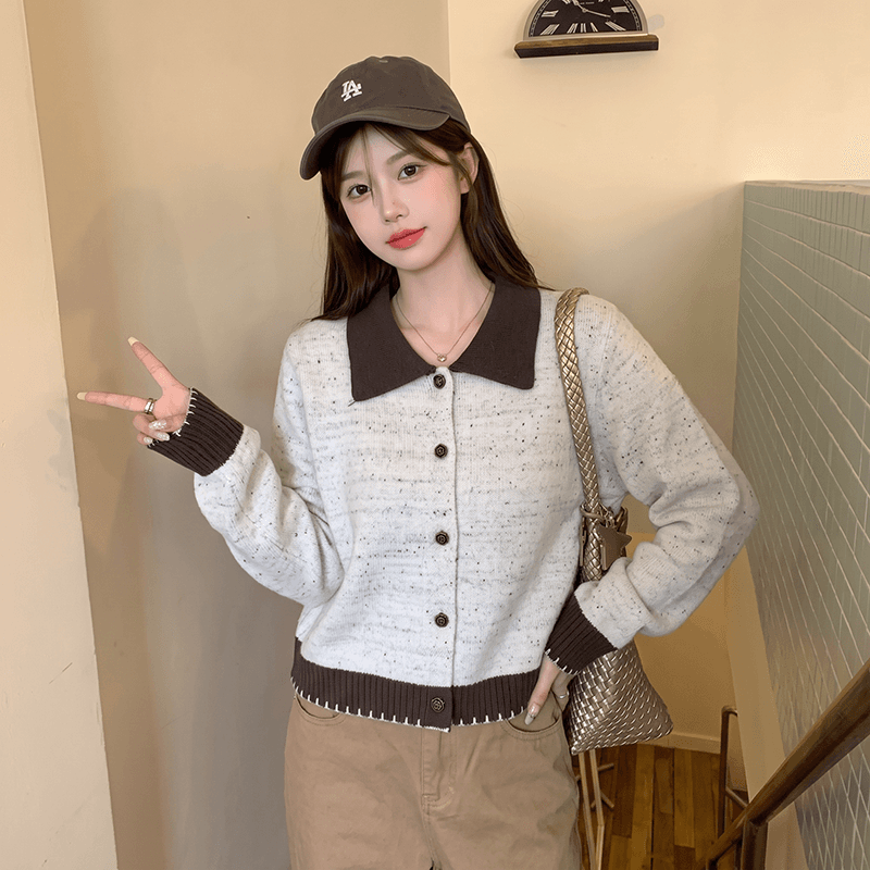 실사 살구 색상 폴로 칼라 스웨터 코트 가을 새로운 디자인 센스 배색 니트 오픈 가디건 이미지 2