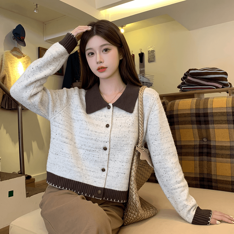 실사 살구 색상 폴로 칼라 스웨터 코트 가을 새로운 디자인 센스 배색 니트 오픈 가디건 상세 이미지 3