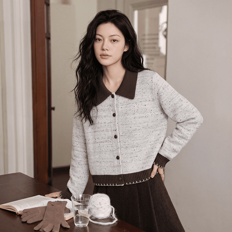 실사 살구 색상 폴로 칼라 스웨터 코트 가을 새로운 디자인 센스 배색 니트 오픈 가디건 상세 이미지 2