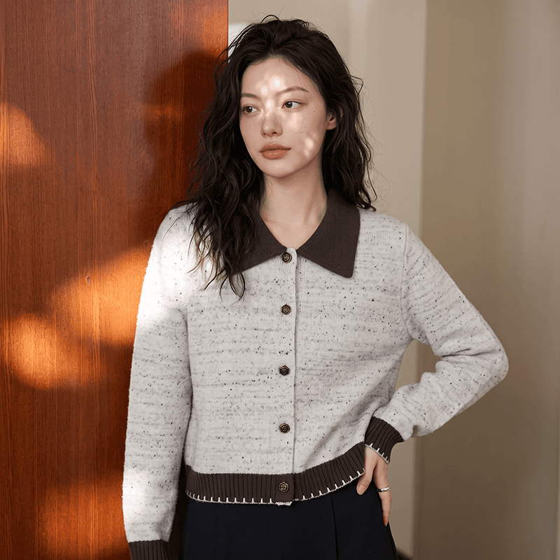 실사 살구 색상 폴로 칼라 스웨터 코트 가을 새로운 디자인 센스 배색 니트 오픈 가디건 상세 이미지 3