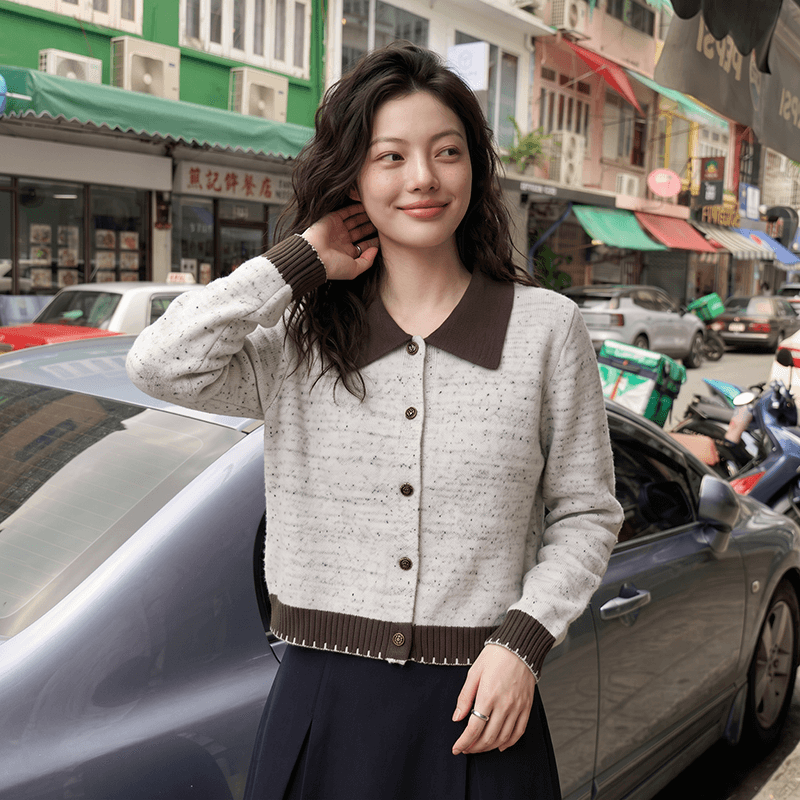 실사 살구 색상 폴로 칼라 스웨터 코트 가을 새로운 디자인 센스 배색 니트 오픈 가디건 상세 이미지 5
