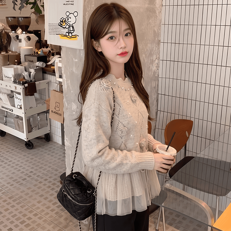 2026 3 차원 꽃 패치워크 실 인터넷 라운드 넥 스웨터 홀로우 아웃 니트 스웨터 여성 봄 가을 고급 센스 수공 자수 이미지 2