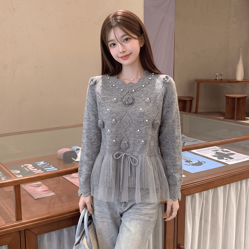 2026 3 차원 꽃 패치워크 실 인터넷 라운드 넥 스웨터 홀로우 아웃 니트 스웨터 여성 봄 가을 고급 센스 수공 자수 상세 이미지 7