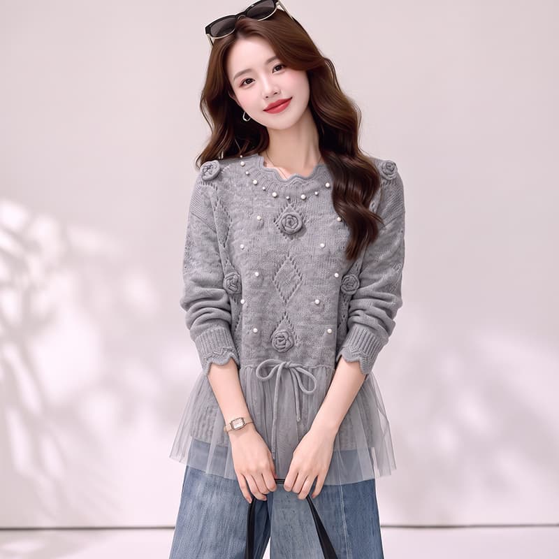 2026 3 차원 꽃 패치워크 실 인터넷 라운드 넥 스웨터 홀로우 아웃 니트 스웨터 여성 봄 가을 고급 센스 수공 자수