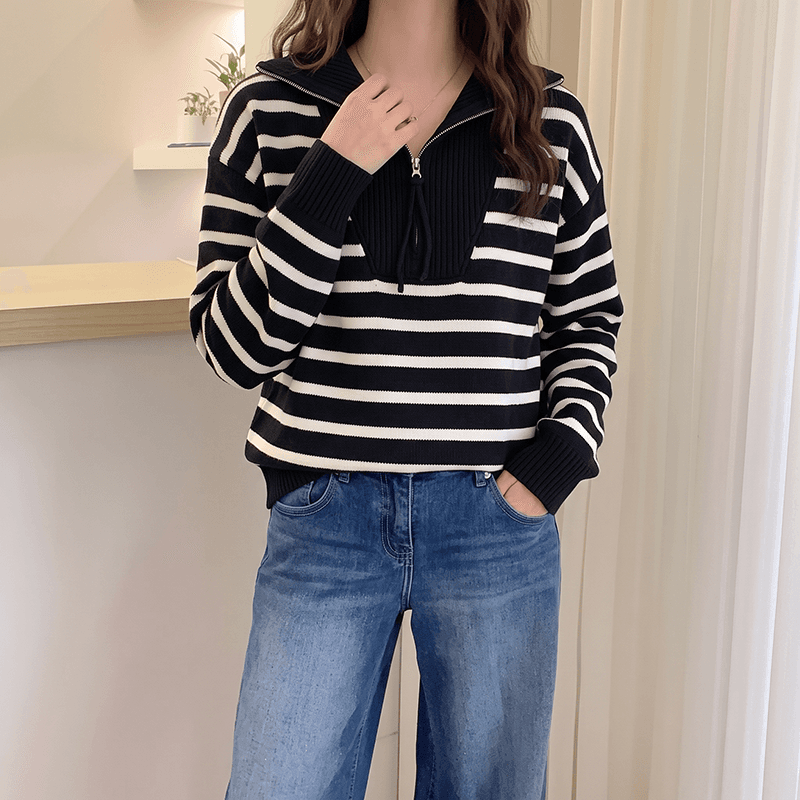 실사 한국 스타일 클래식 스트라이프 디자인 섹션 하프 지퍼 스탠드 칼라 스웨터 여자 가을 미니멀리즘 루즈핏 니트 스웨터 상세 이미지 13