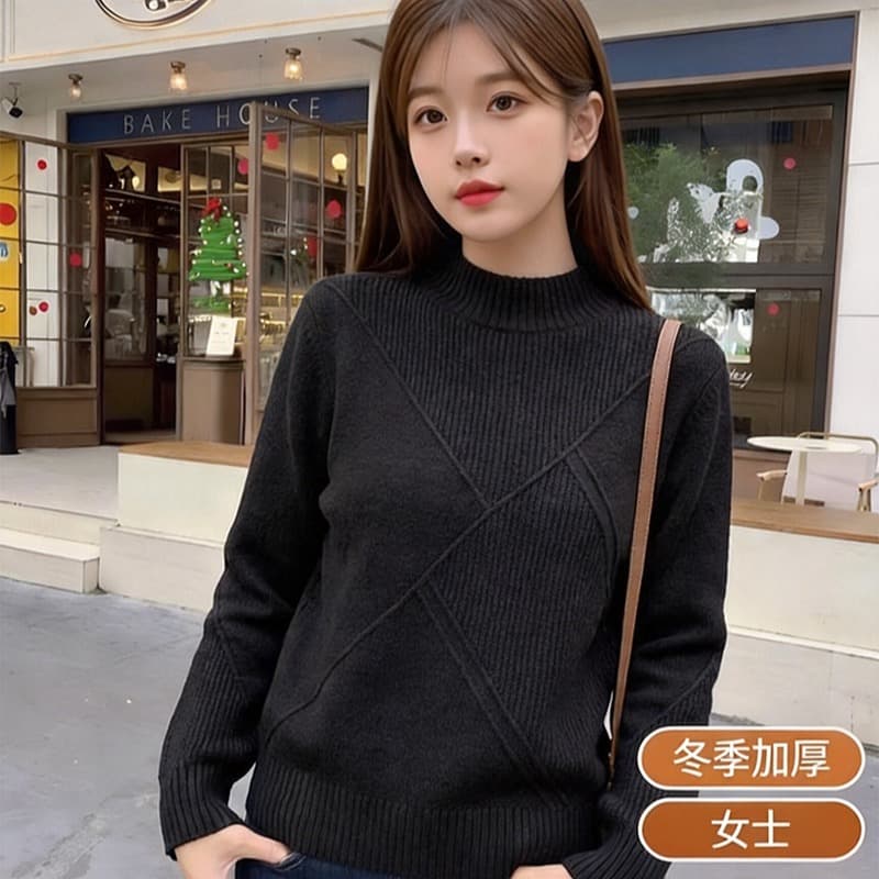 실사 패션 니트 스웨터 겨울 두꺼운 여성 반하이넥 스웨터 기본 셔츠 이미지 3
