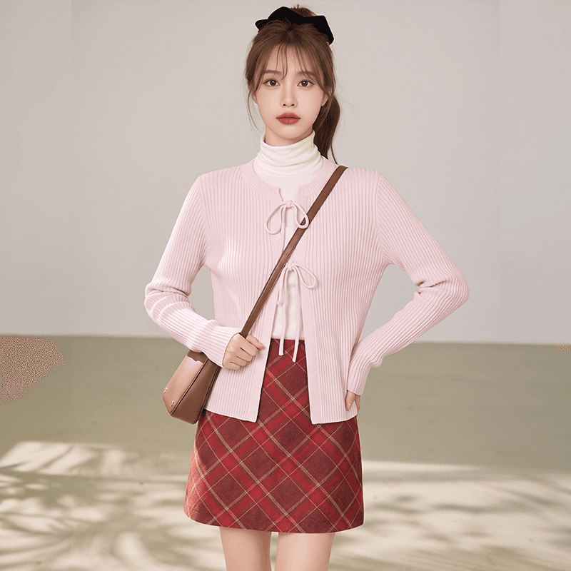 실사 작은 대중 긴팔 티셔츠 나비 매듭 스트랩 니트 스웨터 재킷 부드러운 바람 여성 셔츠 오픈 가디건 스웨터