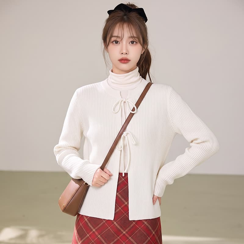 실사 작은 대중 긴팔 티셔츠 나비 매듭 스트랩 니트 스웨터 재킷 부드러운 바람 여성 셔츠 오픈 가디건 스웨터 이미지 2