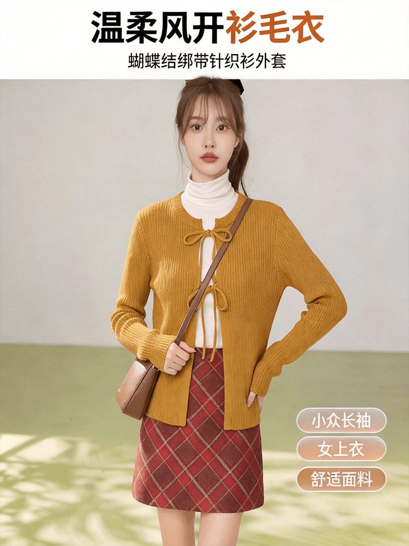 실사 작은 대중 긴팔 티셔츠 나비 매듭 스트랩 니트 스웨터 재킷 부드러운 바람 여성 셔츠 오픈 가디건 스웨터 상세 이미지 4