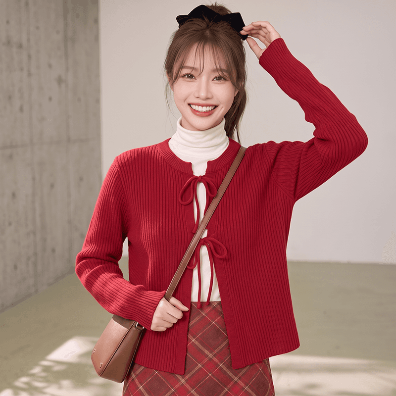 실사 작은 대중 긴팔 티셔츠 나비 매듭 스트랩 니트 스웨터 재킷 부드러운 바람 여성 셔츠 오픈 가디건 스웨터 상세 이미지 20