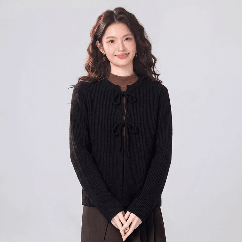 실사 작은 대중 긴팔 티셔츠 나비 매듭 스트랩 니트 스웨터 재킷 부드러운 바람 여성 셔츠 오픈 가디건 스웨터 상세 이미지 12
