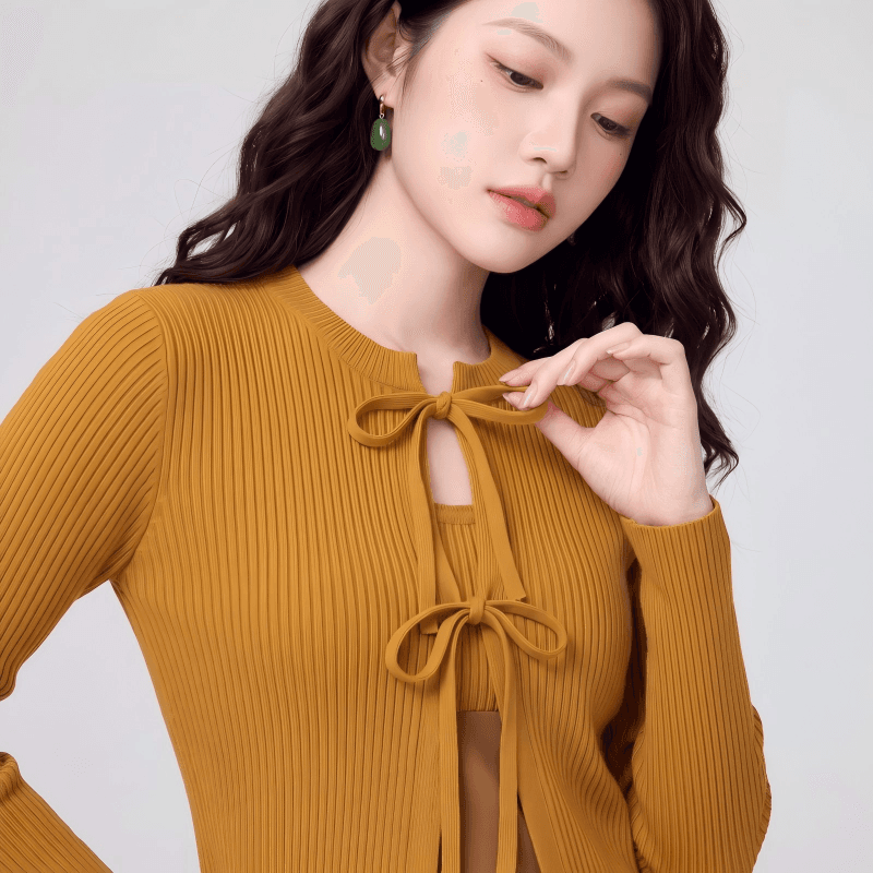 실사 작은 대중 긴팔 티셔츠 나비 매듭 스트랩 니트 스웨터 재킷 부드러운 바람 여성 셔츠 오픈 가디건 스웨터 상세 이미지 19