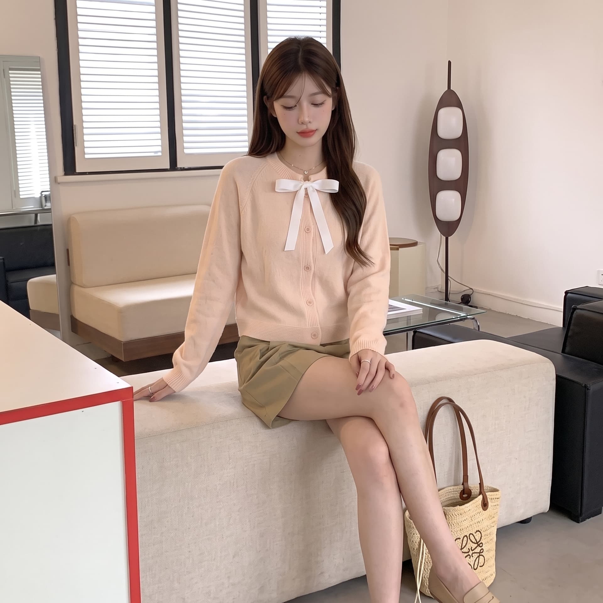 자매 바람 실사 한 부서 핑크색 니트 스웨터 나비 매듭 칼라 오픈 가디건 스웨터 여성 코트 상세 이미지 8