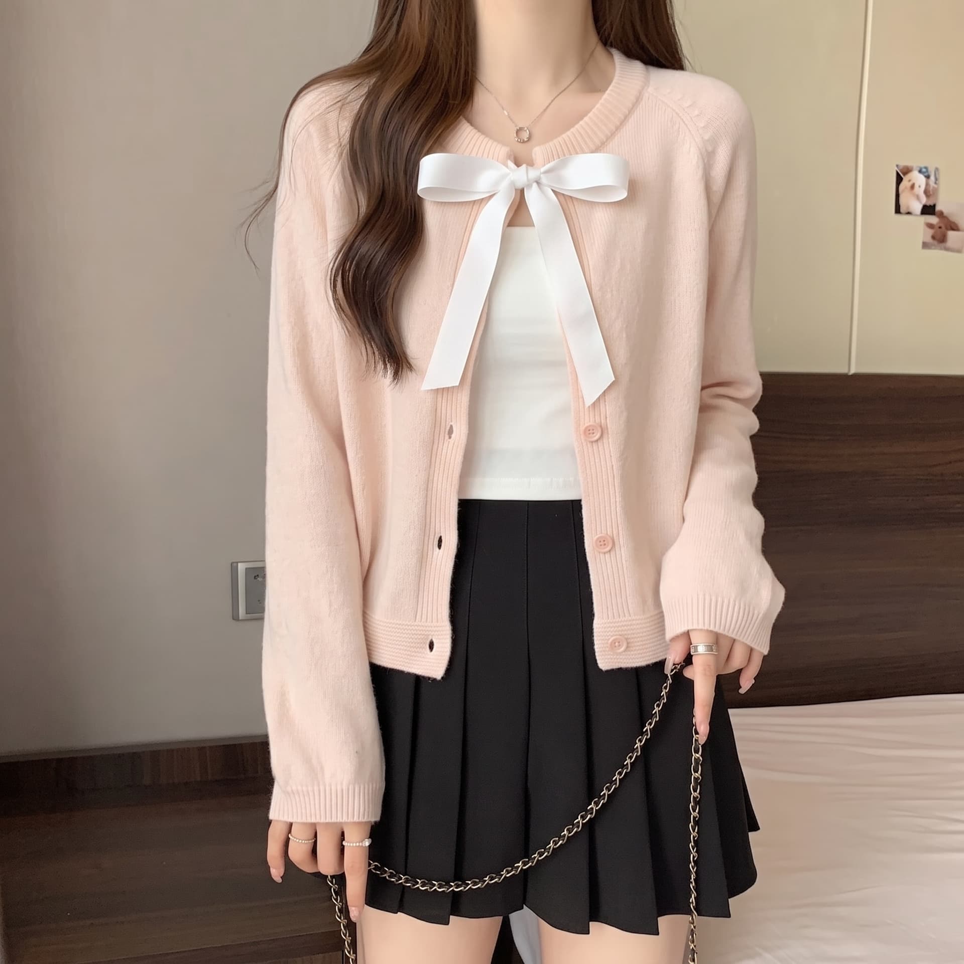 없음 머리 바람 실사 한 부서 핑크색 니트 스웨터 나비 매듭 칼라 오픈 가디건 스웨터 여성 코트 이미지 2