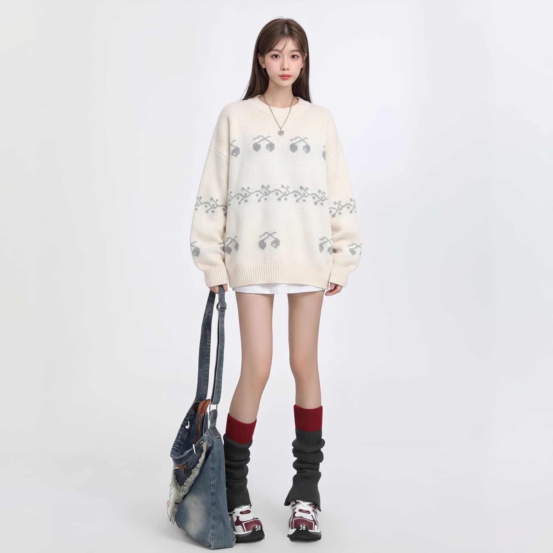 자매 바람 실사 레트로 3 차원 체리 자카드 부드러운 찹쌀 라운드 넥 보온 스웨터 여자 이미지 5