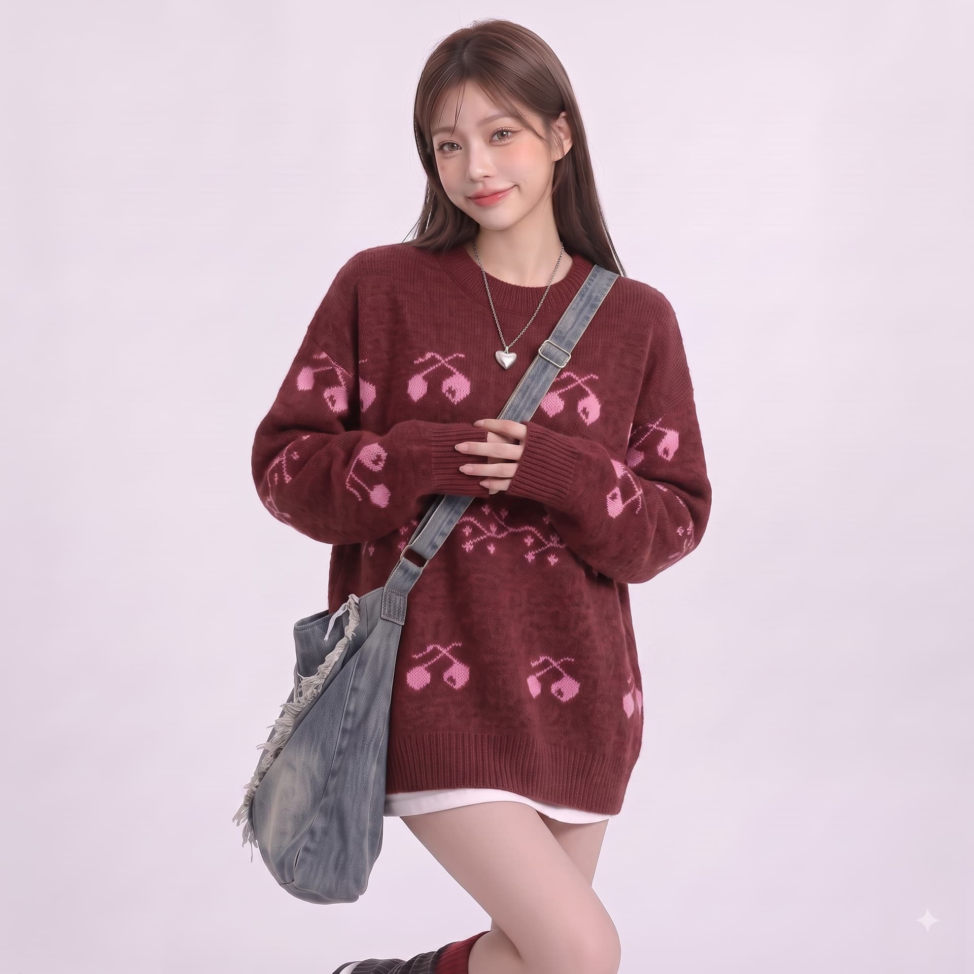 자매 바람 실사 레트로 3 차원 체리 자카드 부드러운 찹쌀 라운드 넥 보온 스웨터 여자 상세 이미지 15