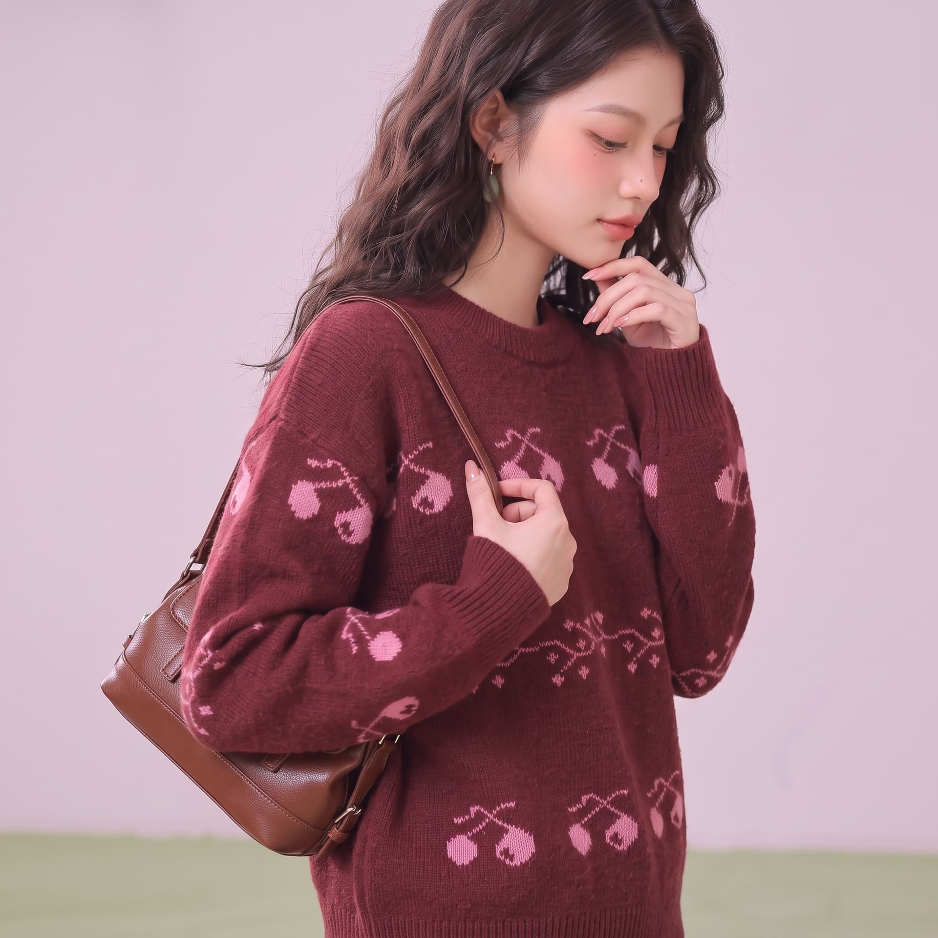 부드러운 바람 실사 레트로 3 차원 체리 자카드 부드러운 찹쌀 라운드 넥 보온 스웨터 여자 상세 이미지 15