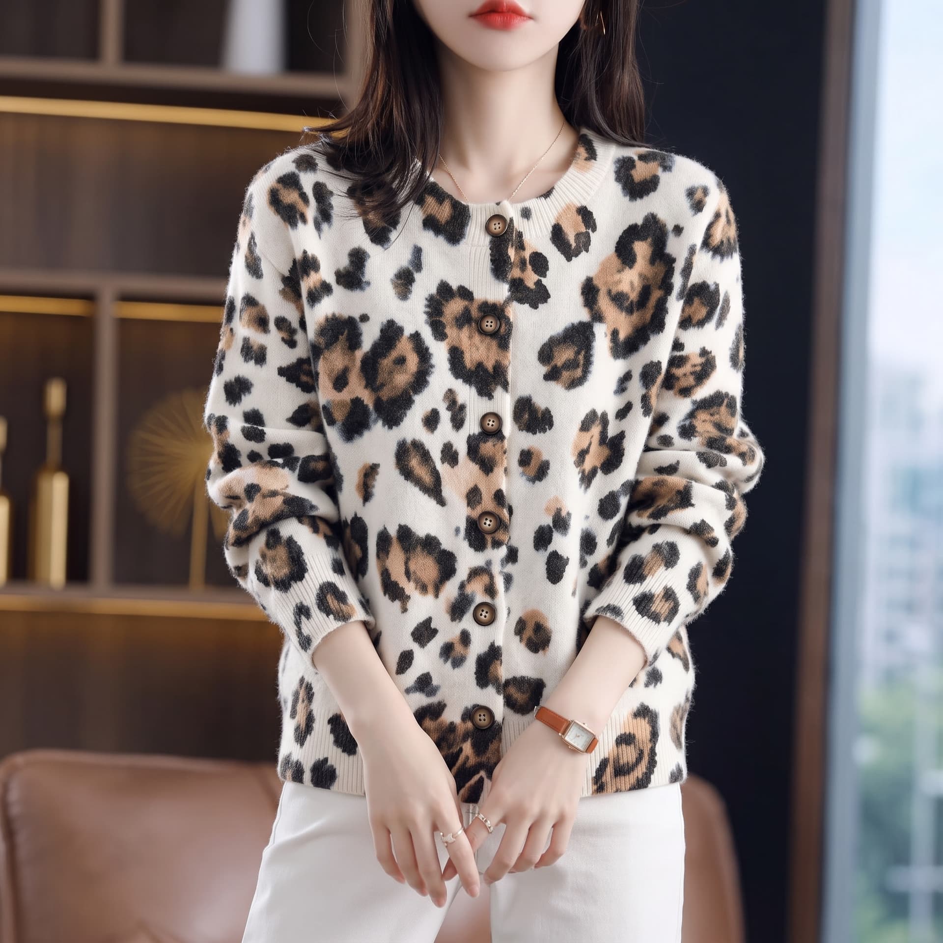 없음 머리 바람 실사 아메리칸 레트로 레오파드 무늬 니트 오픈 가디건 여성 고급 센스 품격 맨위 스웨터 코트 상세 이미지 9