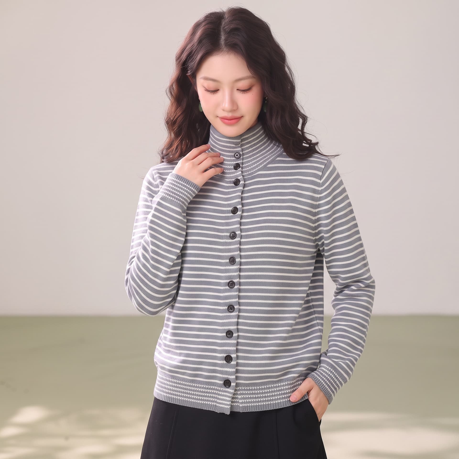 부드러운 바람 실사 스트라이프 니트 오픈 가디건 여성 가을 겨울 새로운 싱글 줄 버튼 루즈핏 출퇴근 스웨터 고급 센스 이미지 5