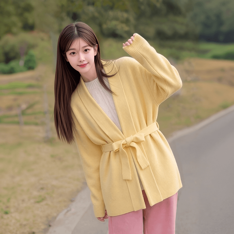 자매 바람 실사 니트 2026 가을 레이스업 허리 수축 카디건 코트 스웨터 바람막이 코트 상세 이미지 12
