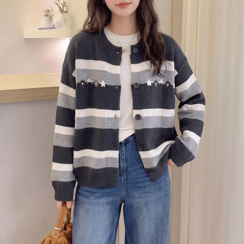 없음 머리 바람 실사 여성 의류 패션 레트로 배색 스트라이프 느긋한 루즈핏 스웨터 여자 다용도 니트 스웨터 상세 이미지 6