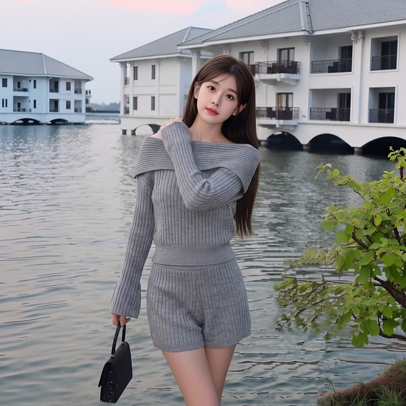 자매 바람 실사 레트로 품격 다용도 미니멀리즘 보트넥 오프숄더 부주의 한 니트 스웨터 맨위 세트 여성 의류 상세 이미지 6
