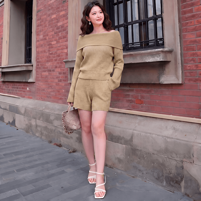 부드러운 바람 실사 레트로 품격 다용도 미니멀리즘 보트넥 오프숄더 부주의 한 니트 스웨터 맨위 세트 여성 의류 이미지 2