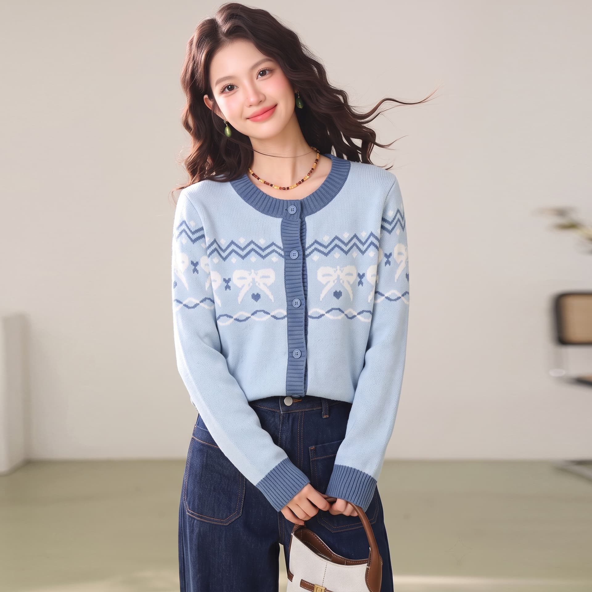 부드러운 바람 실사 한 부서 분위기 라운드 넥 니트 고급 센스 연령 감소 다용도 품격 슬림해 보이는 싱글 줄 버튼 맨위 상세 이미지 8