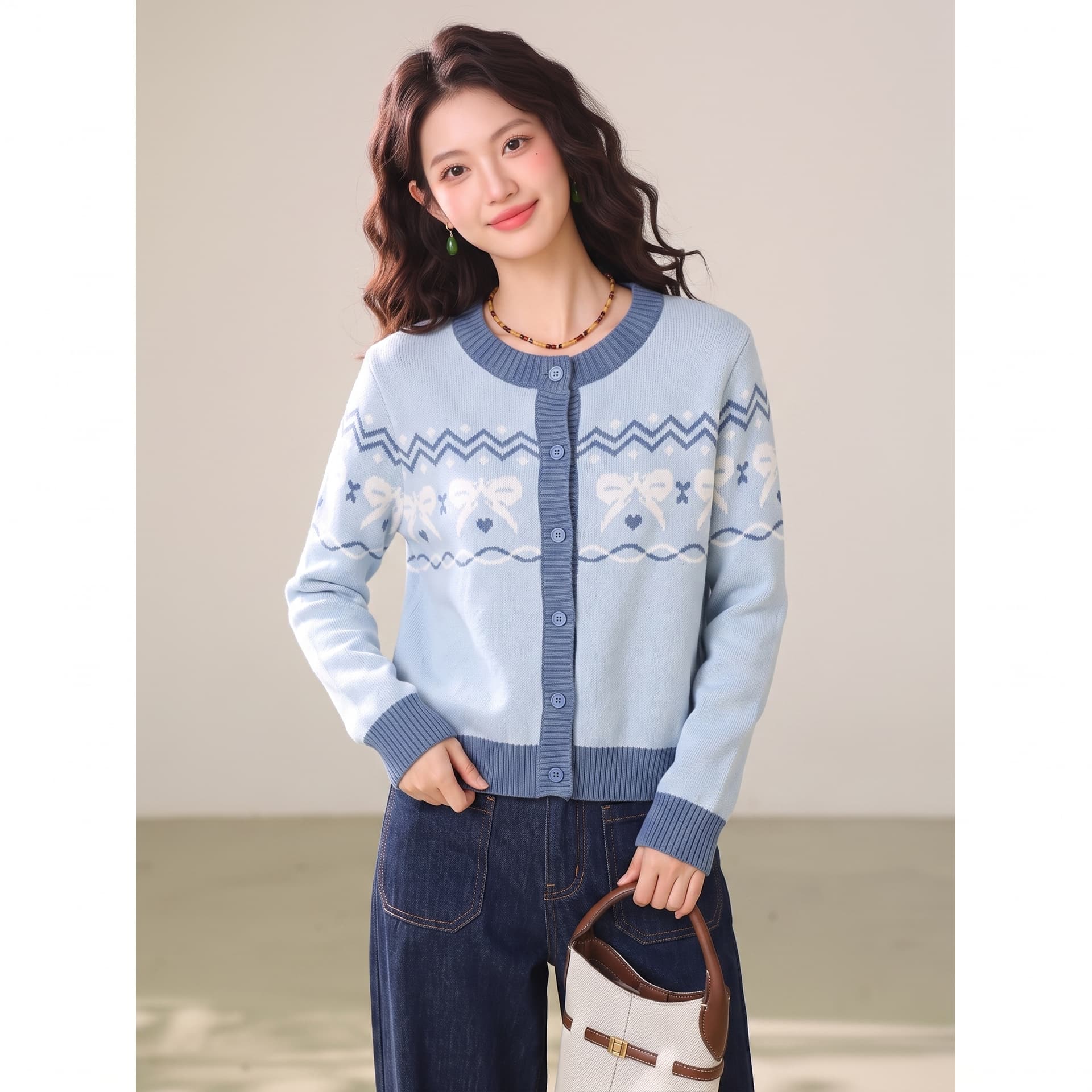 부드러운 바람 실사 한 부서 분위기 라운드 넥 니트 고급 센스 연령 감소 다용도 품격 슬림해 보이는 싱글 줄 버튼 맨위 상세 이미지 9