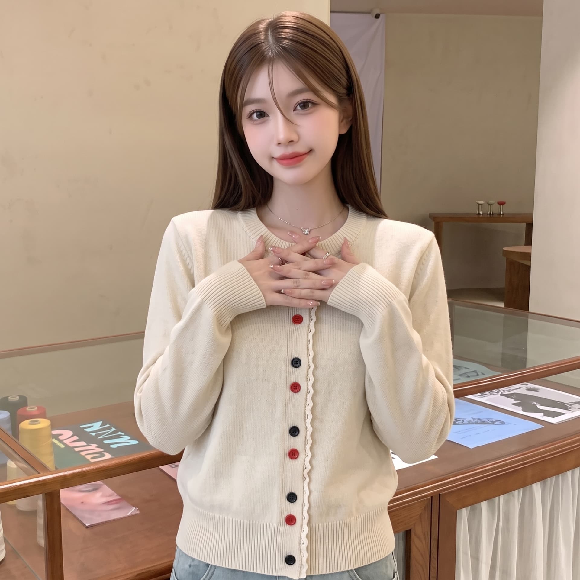 자매 바람 실사 새로운 여성 색상 버클 니트 오픈 가디건 라운드 넥 외부 잡아라. 의류 외국 가스 재킷 이미지 2