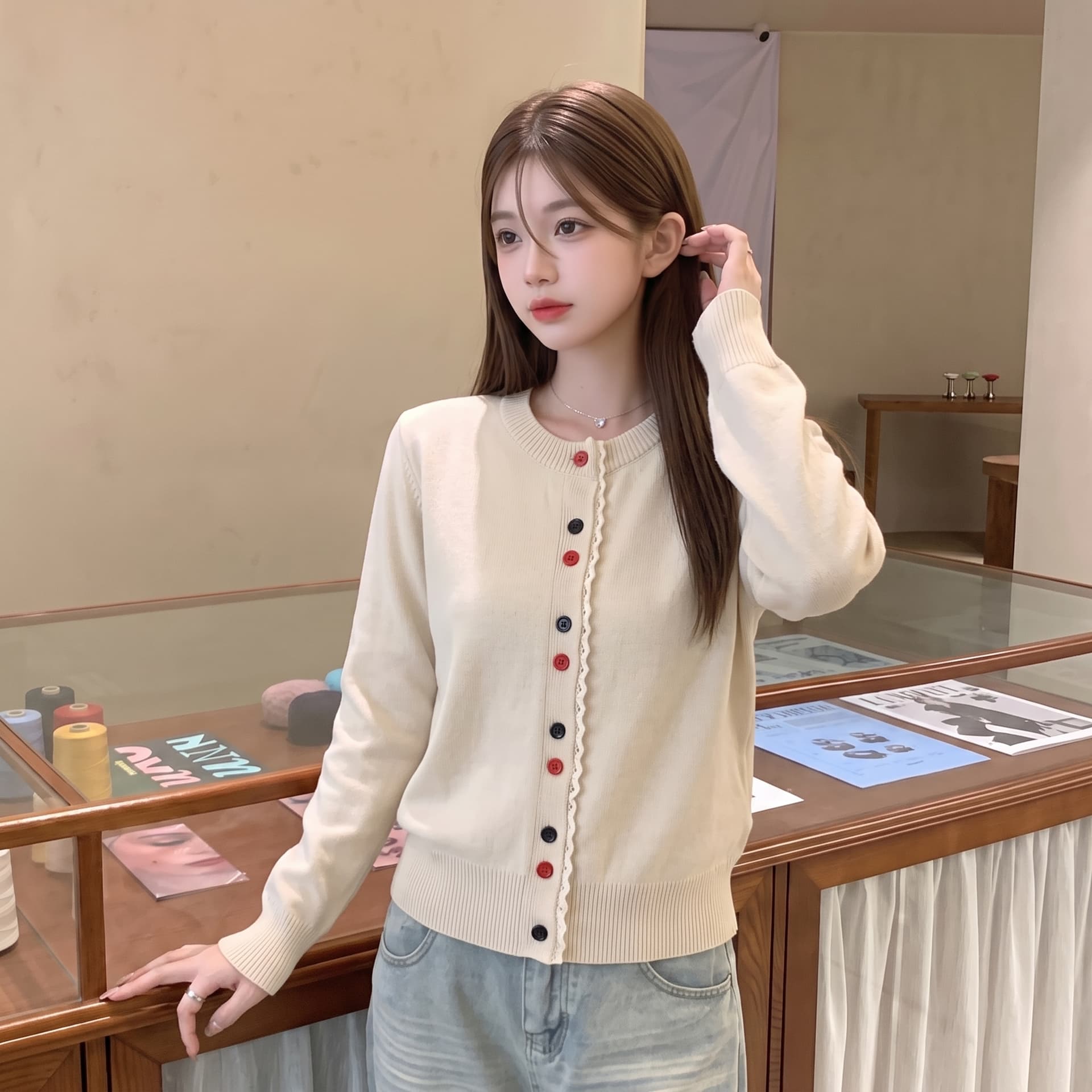 자매 바람 실사 새로운 여성 색상 버클 니트 오픈 가디건 라운드 넥 외부 잡아라. 의류 외국 가스 재킷 이미지 4