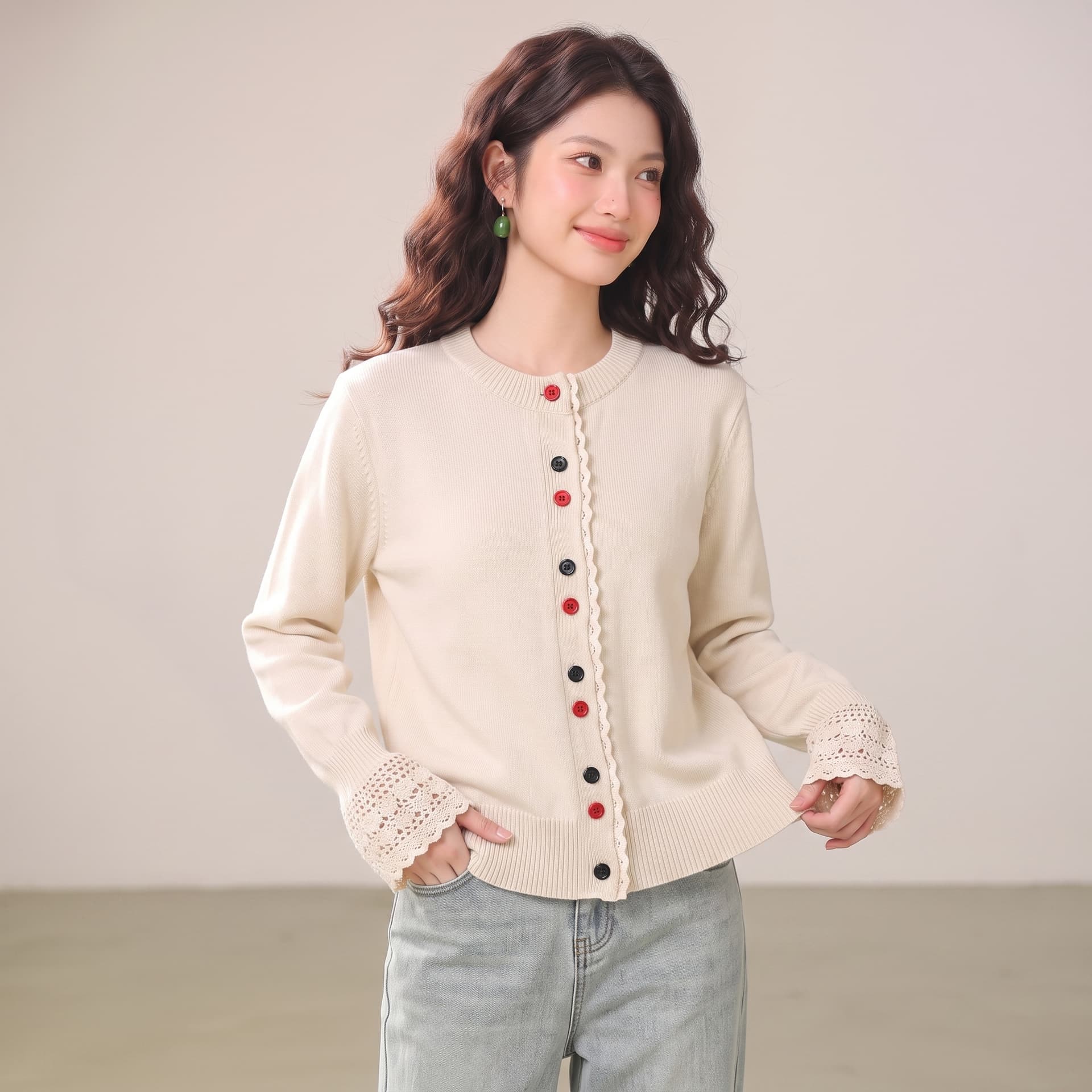 부드러운 바람 실사 새로운 여성 색상 버클 니트 오픈 가디건 라운드 넥 외부 잡아라. 의류 외국 가스 재킷 상세 이미지 11