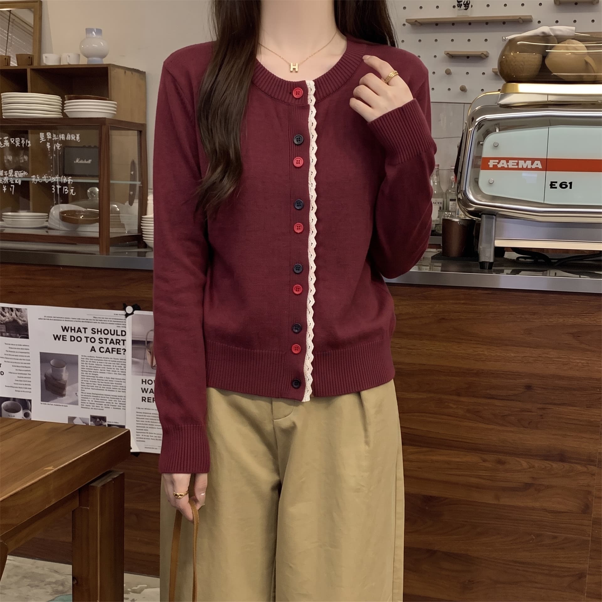 없음 머리 바람 실사 새로운 여성 색상 버클 니트 오픈 가디건 라운드 넥 외부 잡아라. 의류 외국 가스 재킷 상세 이미지 12