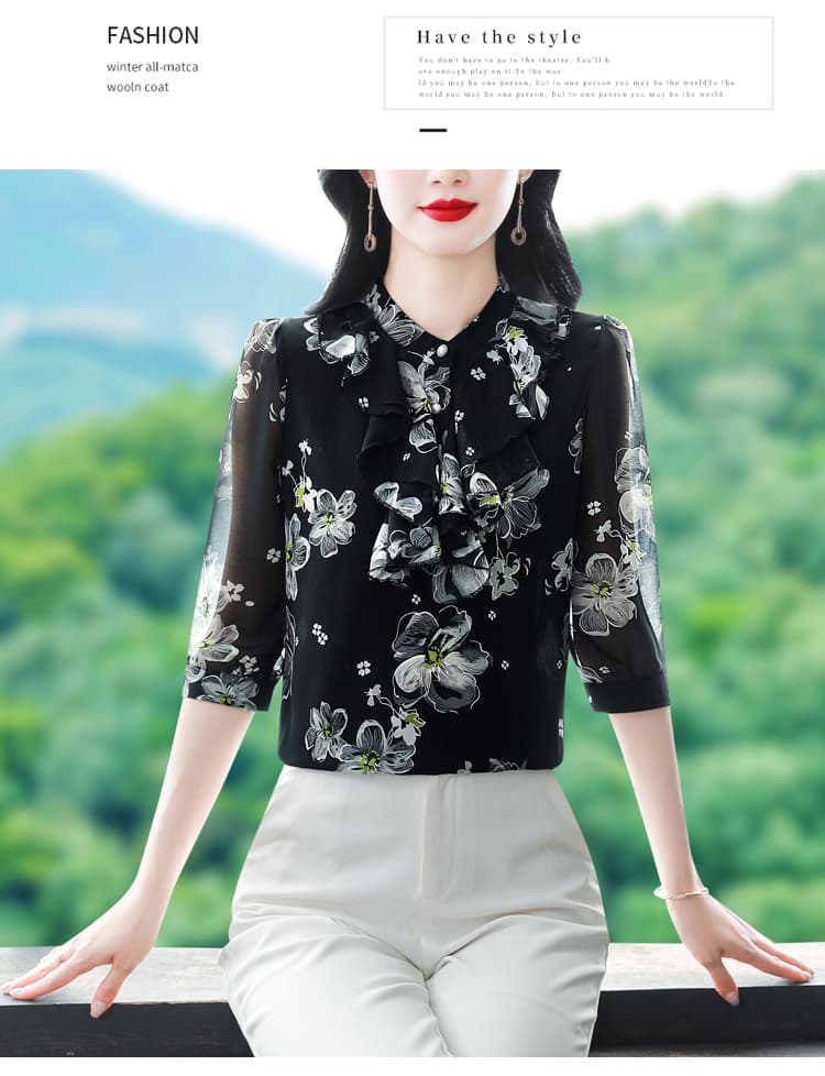 실사 2026 신제품 실크 프린트 작은 대중 빛 럭셔리 여성 7부 소매 궁정 바람 스탠드 칼라 아름다운 작은 셔츠 상세 이미지 11