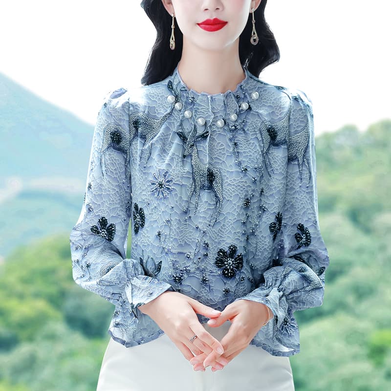 실사 새로운 빛 럭셔리 스탠드 칼라 패션 디자인 센스 셔츠 2026 쉬폰 프린트 봄 가을 다용도 여성 맨위 이미지 2