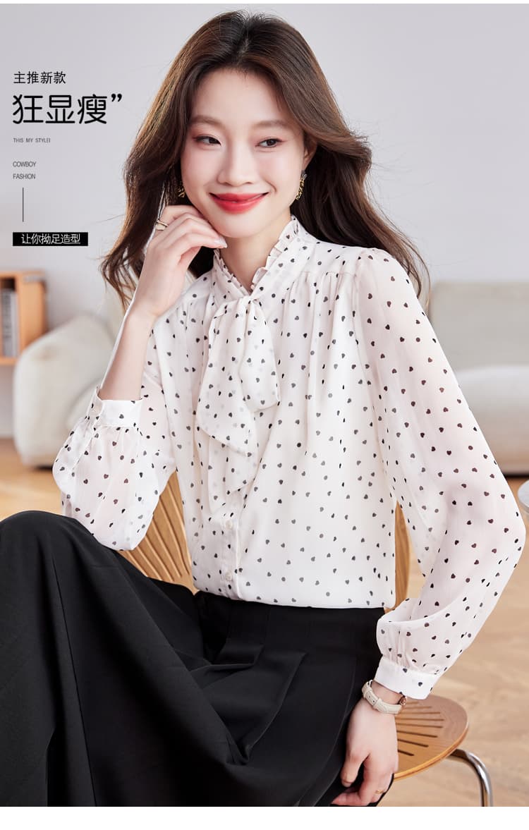 실사 신제품 도트 무늬 다용도 레트로 슬림해 보이는 레이스업 여성 긴팔 맨위 2026 패션 외국 가스 쉬폰 셔츠 상세 이미지 4