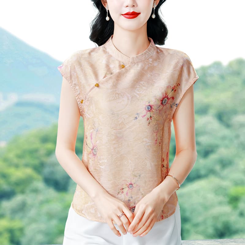 실사 2026 새로운 디자인 센스 새로운 중식 스탠드 칼라 외국 가스 영 엄마 여름 드레스 슬림해 보이는 주간 실크 고유 한 작은 셔츠 이미지 2