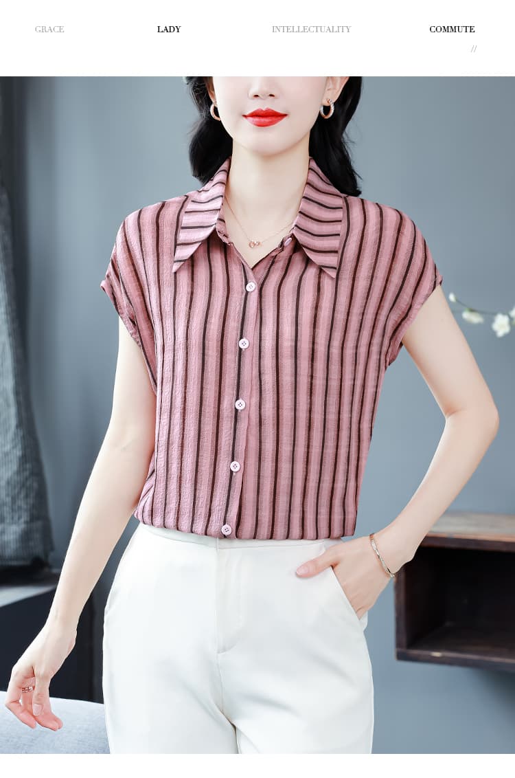 실사 2026 여름 신제품 미니멀리즘 캐주얼 폴로 칼라 여성 스트라이프 Feifei 소매 아름다운 편안함 작은 셔츠 상세 이미지 15