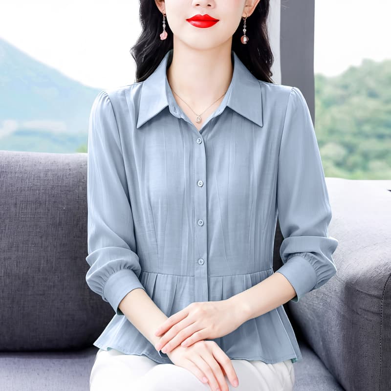 실사 2026 작은 대중 면 린넨 영 엄마 아름다운 허리 수축 단색 다용도 여성 긴팔 맨위 이미지 3