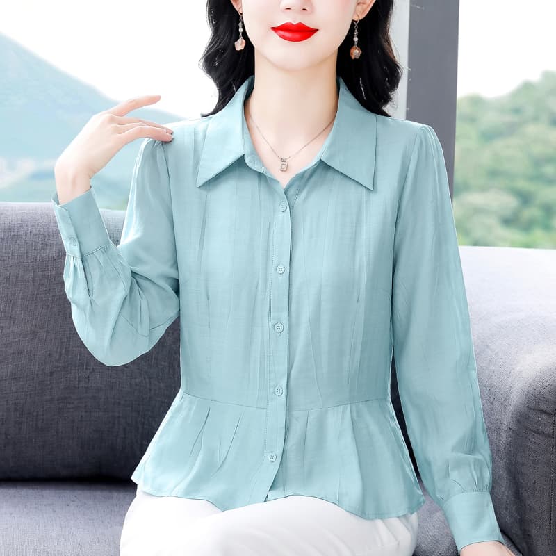 실사 2026 작은 대중 면 린넨 영 엄마 아름다운 허리 수축 단색 다용도 여성 긴팔 맨위 이미지 4