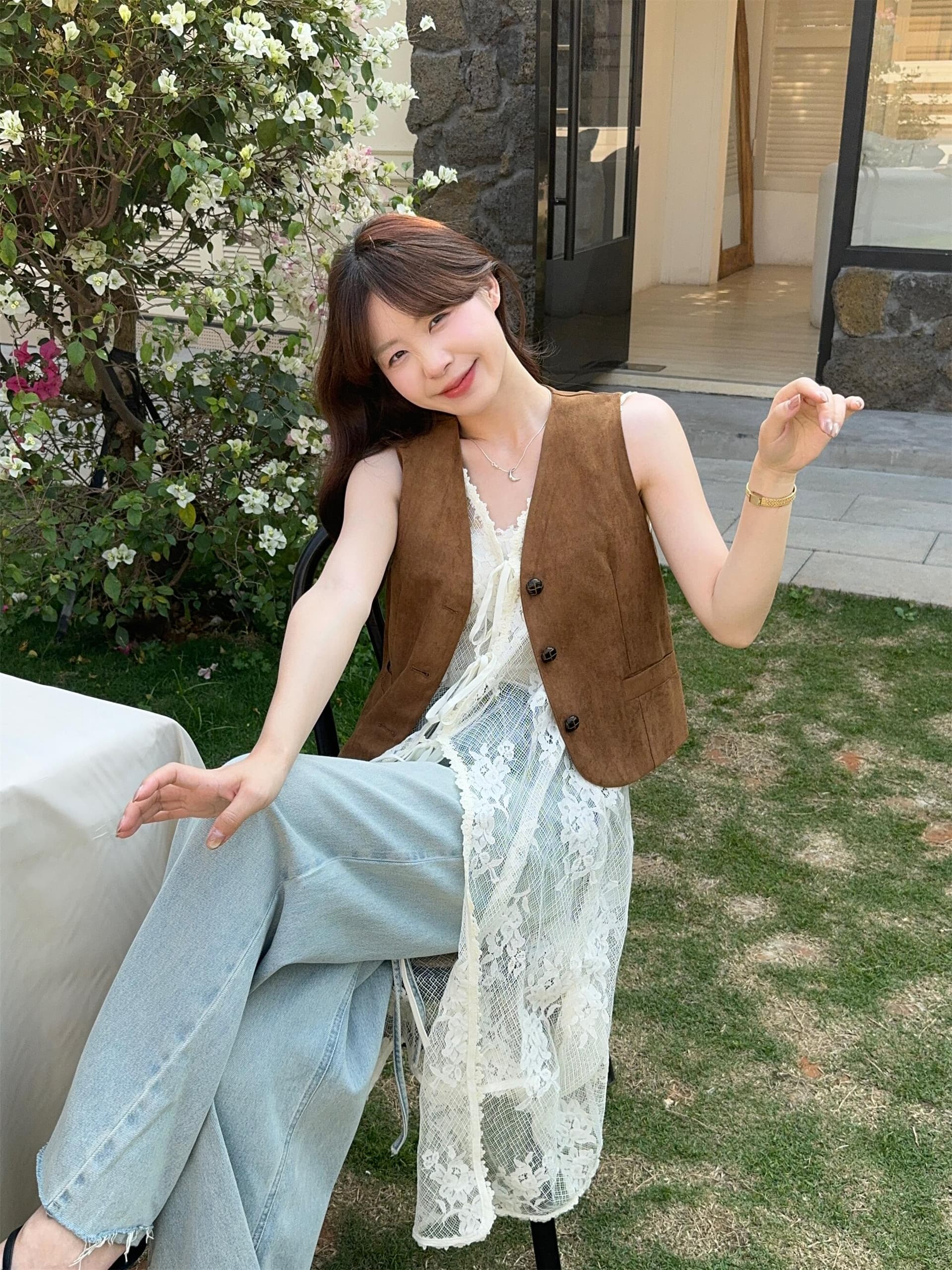 실사 정가 새로운 캐주얼 바람 민소매 베스트 레이스 레이스업 롱 코트 오픈 가디건 패션 스택 착용 투피스 세트 상세 이미지 8