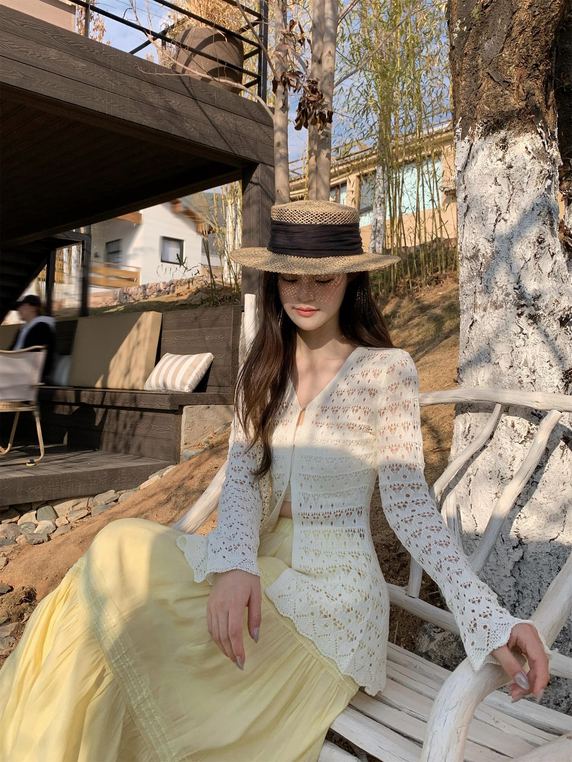 실사 정가 새로운 휴가 바람 V넥 홀로우 아웃 나팔 소매 얇은 스타일 허리 수축 니트 오픈 가디건 디자인 센스 반신 스커트 상세 이미지 3