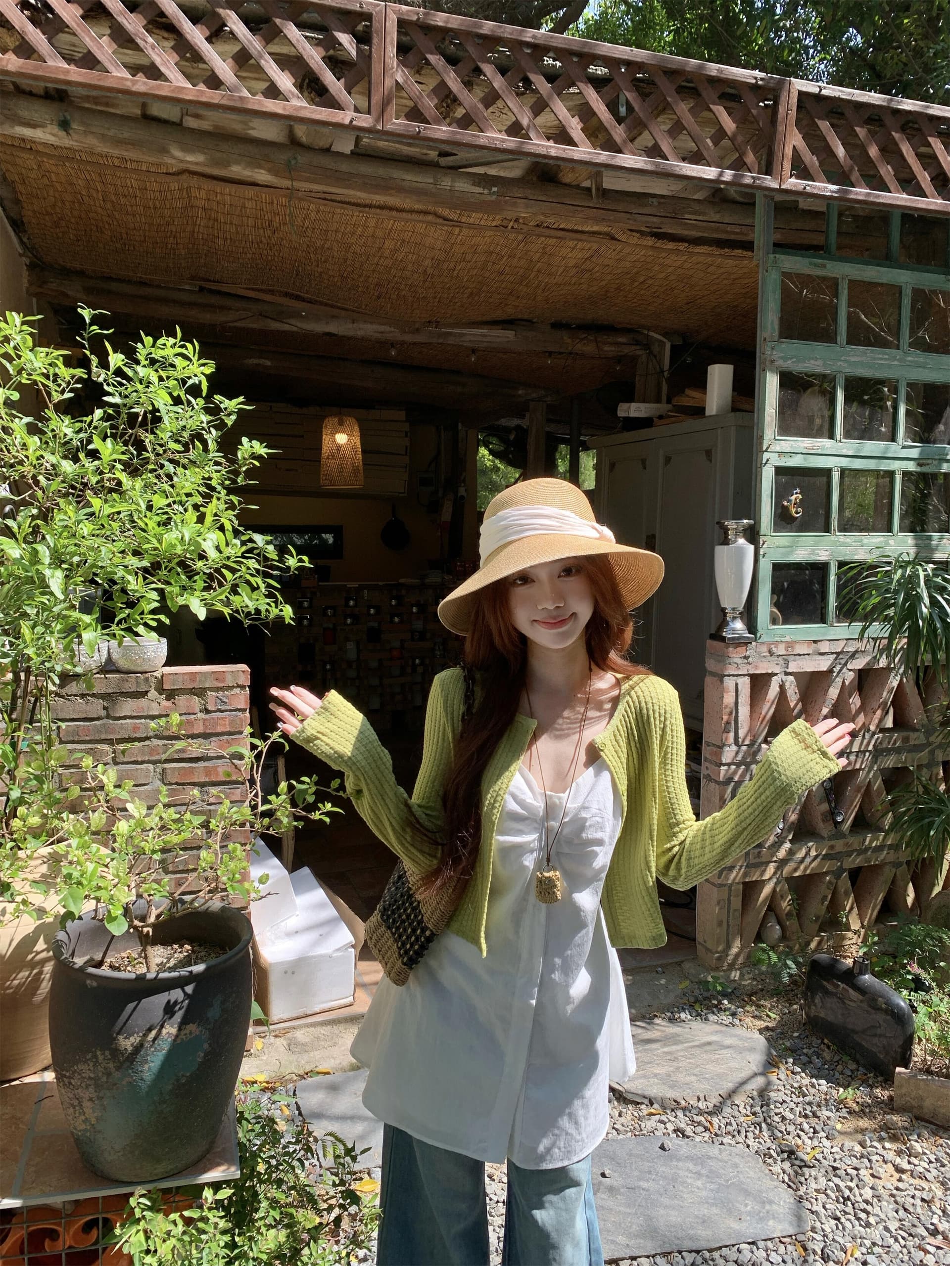 실사 정가 이른 봄 새로운 녹색 긴팔 니트 열기 셔츠 표시 화이트 다용도 조끼 슬립 드레스 이미지 3